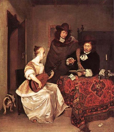 TERBORCH, Gerard A Young Woman Playing a Theorbo to Two Men oil painting picture